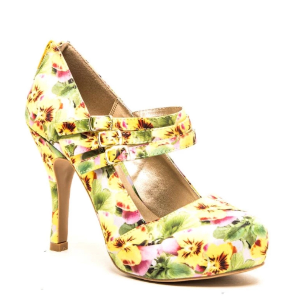Satin Maryjane Floral Print High Heels - Picture 3 of 8
